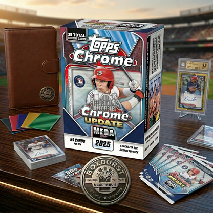2025 Topps Chrome Update Series Baseball Mega Box (Fanatics Exclusive) Trading Card Box (2 Base Card Raywave Parallels Per Box)